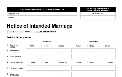 Lodgement of Notice of Intended Marriage (Non Refundable)